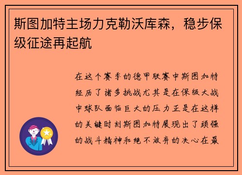 斯图加特主场力克勒沃库森，稳步保级征途再起航